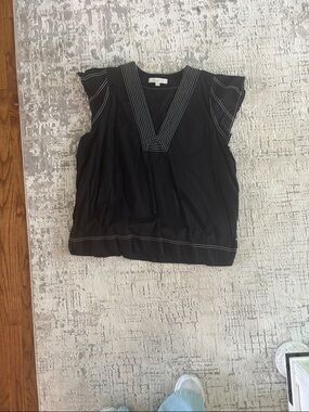 LOFT Black V-Neck Cap Sleeve Top with White Stitching